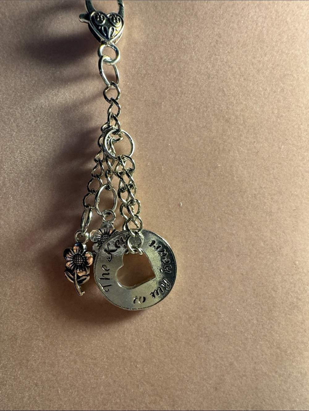 Hand Crafted Silver Tone Heart & Flower key or Purse charm